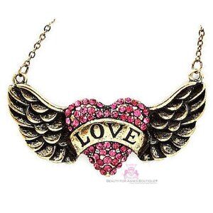 His Banner Over Me Is Love Heart Angel Wing Crystal Necklace